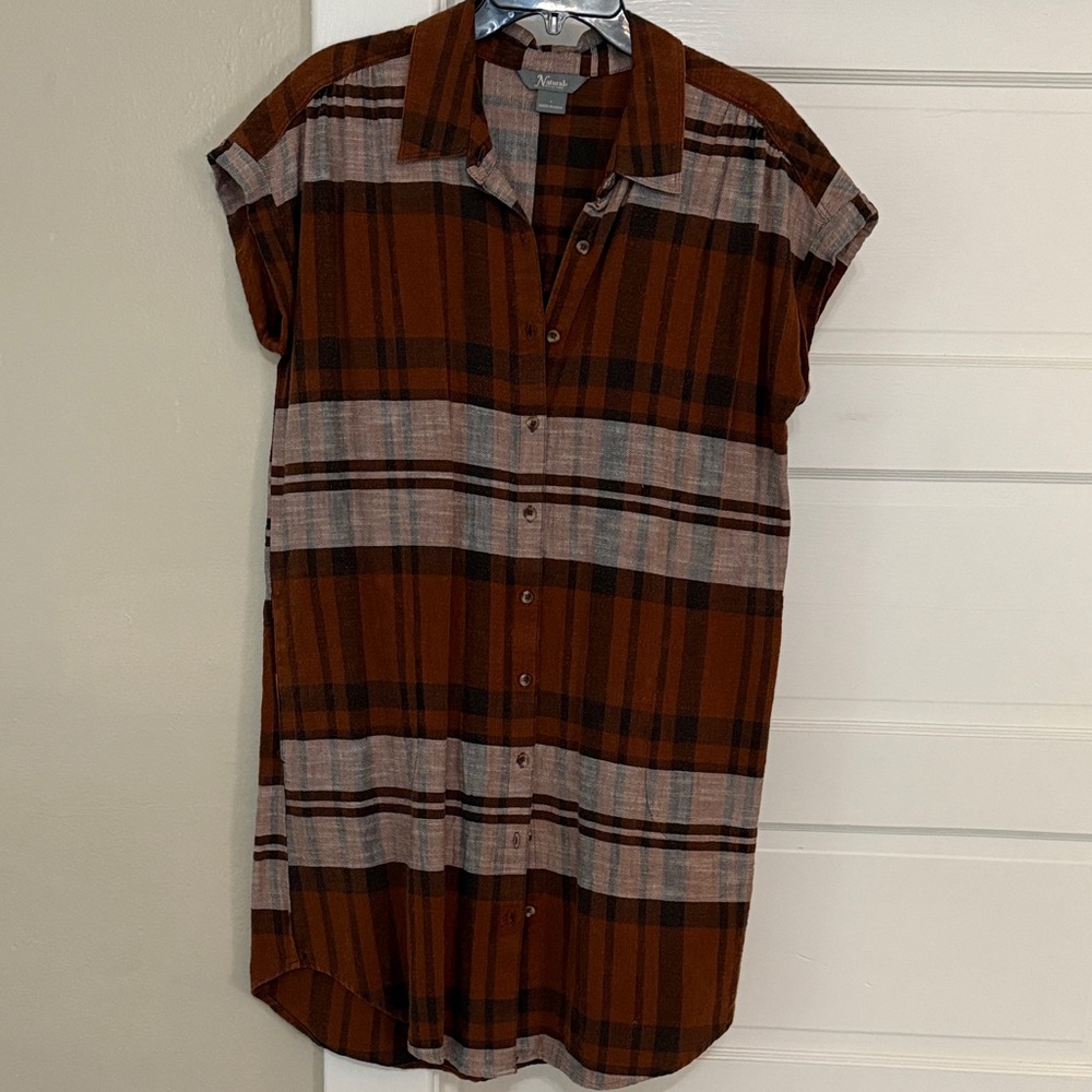 Natural Reflections Brown Black Cream Plaid Dress Shirt Top Sz large like new